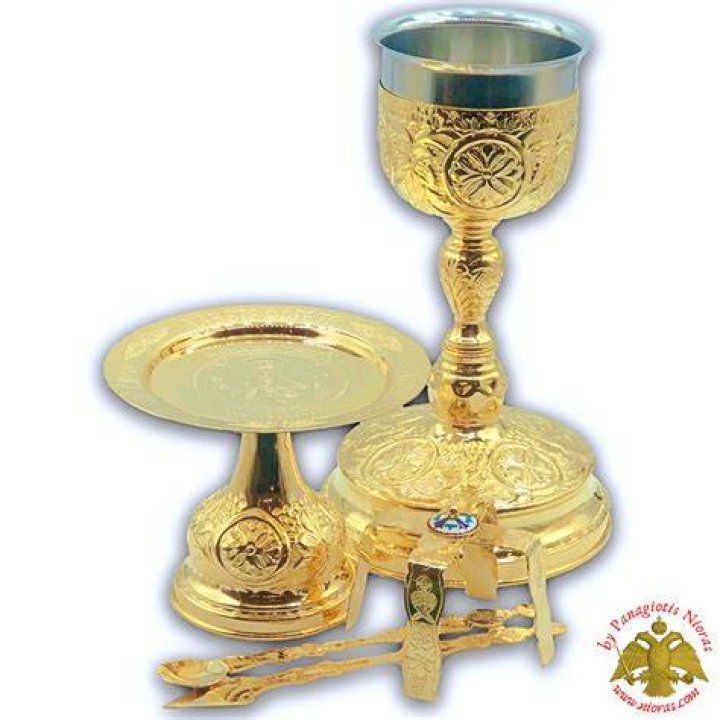 Gold Plated Chalice Set Lance and Holy Communion Spoon — Blessed Celebration